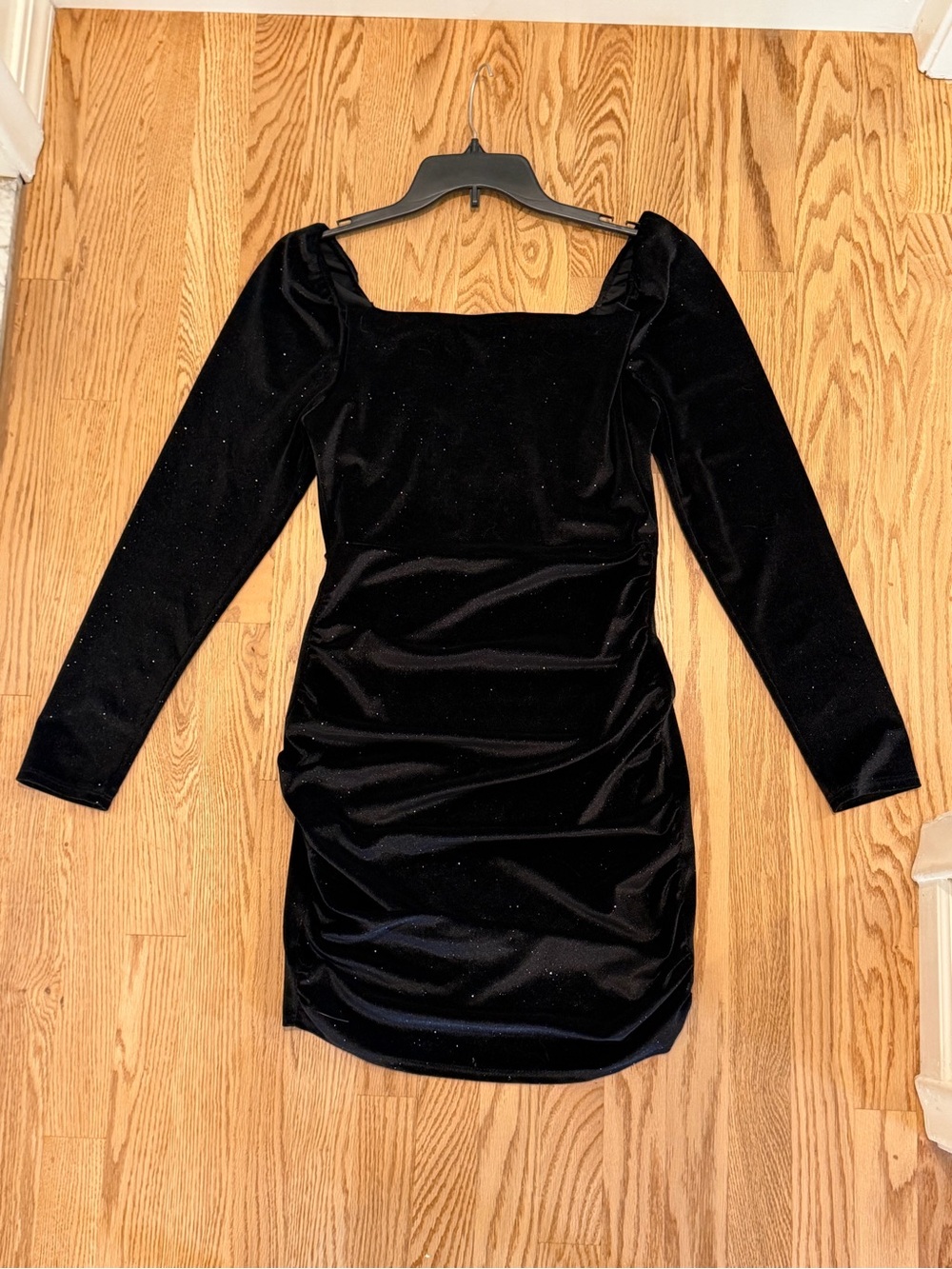Altar'd State Black Velvet Long-Sleeve Ruched Square-Neck Mini Dress